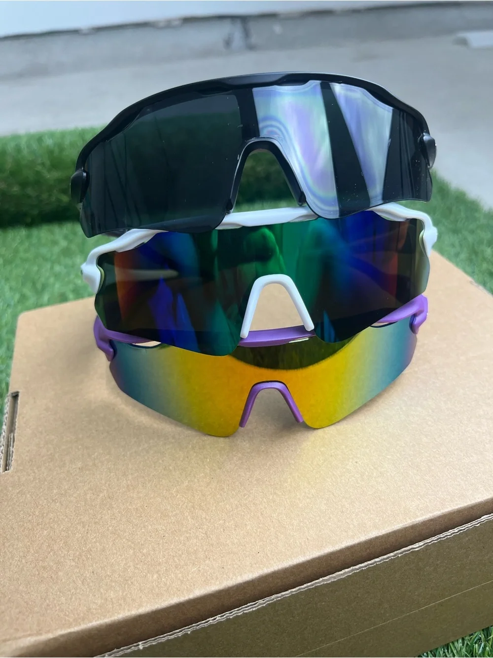3 Premium Sport Shield Sunglasses - Black/White/Purple Multi-Lens